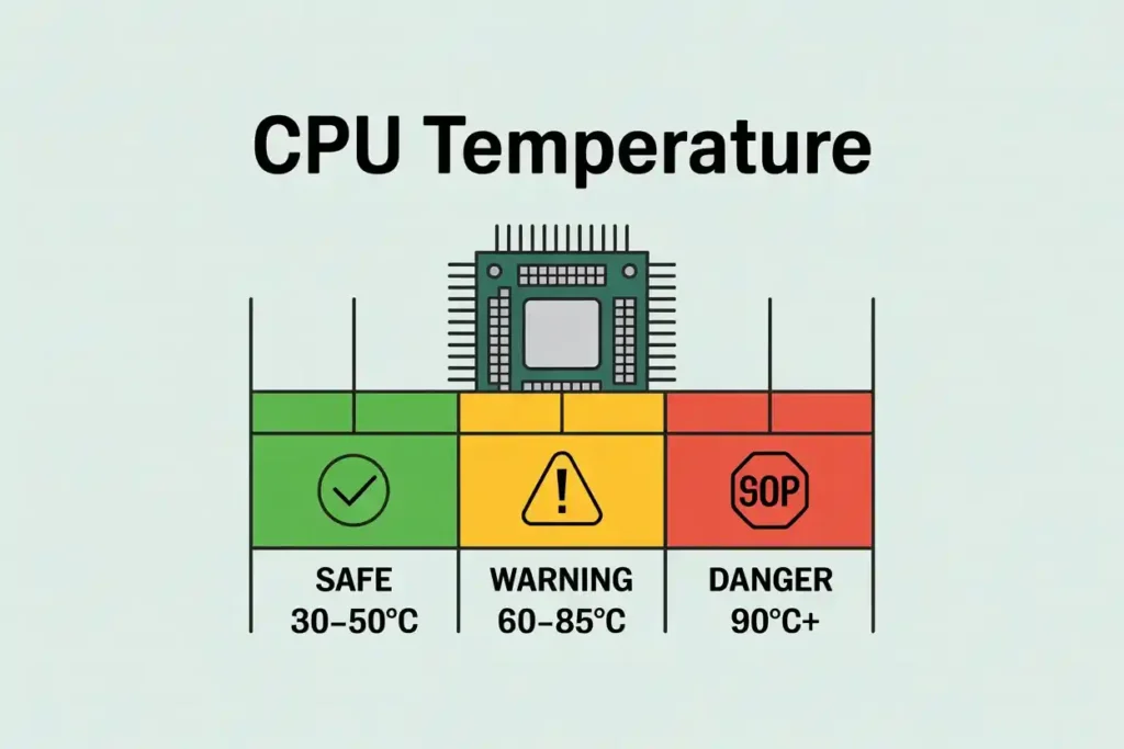 Is 40c Good for CPU? Safe Idle & Gaming Temps Guide 2025! 2 CPU temperature chart showing Safe range 30–50°C, Warning 60–85°C, and Danger 90°C+, with green, yellow, and red color zones