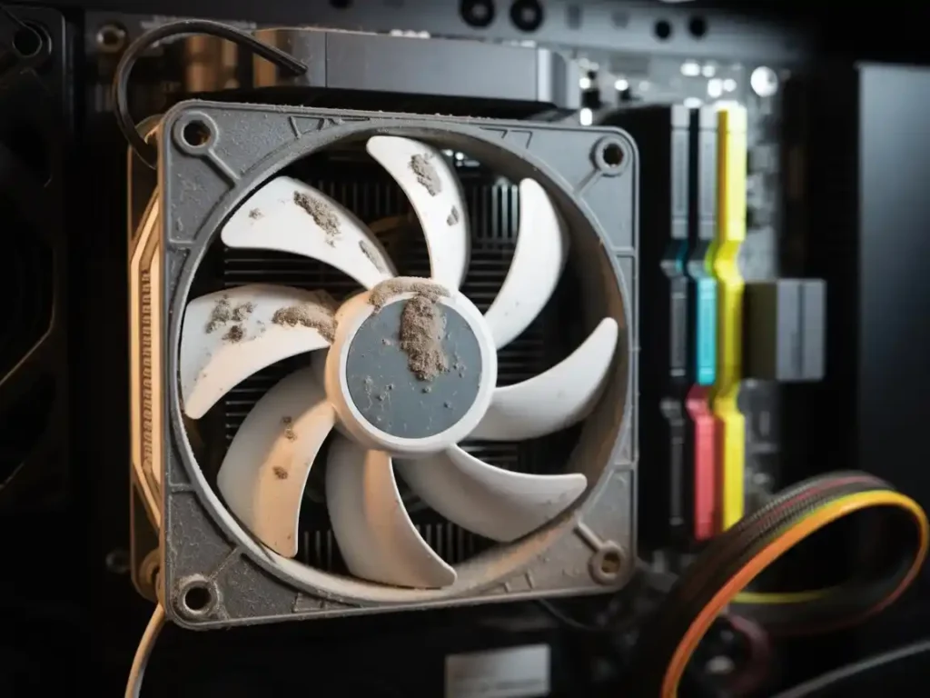 Why Is My CPU Beeping? Fix It Fast With This 2025 Guide! 3 Close-up of a CPU fan inside a computer, covered in thick dust before cleaning.