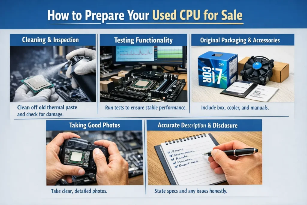 Can I Sell My Used CPU? - A Full Guide To Selling A CPU 2026! 3 Infographic showing step-by-step guide on how to prepare a used CPU for sale, including cleaning, testing, original packaging, taking photos, and accurate description.