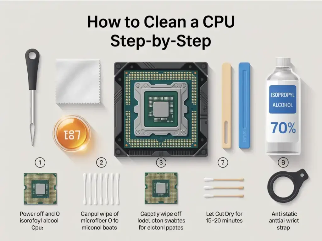 Can I use 70 Alcohol to Clean CPU? - Cleaning Guide 2025! 3 Infographic showing step-by-step guide to clean a CPU using 70% isopropyl alcohol. Includes tools like microfiber cloth, cotton swabs, anti-static wrist strap, and plastic spudger. Each step is visually represented from powering off the system to drying the CPU for 15–20 minutes.
