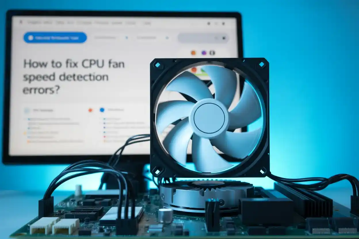 How to Fix CPU Fan Speed Detection Errors? - Easy Guide! 1 A computer motherboard is shown with a large, square CPU fan positioned in front of a monitor. The monitor displays a web browser with the search results for "How to fix CPU fan speed detection errors?".