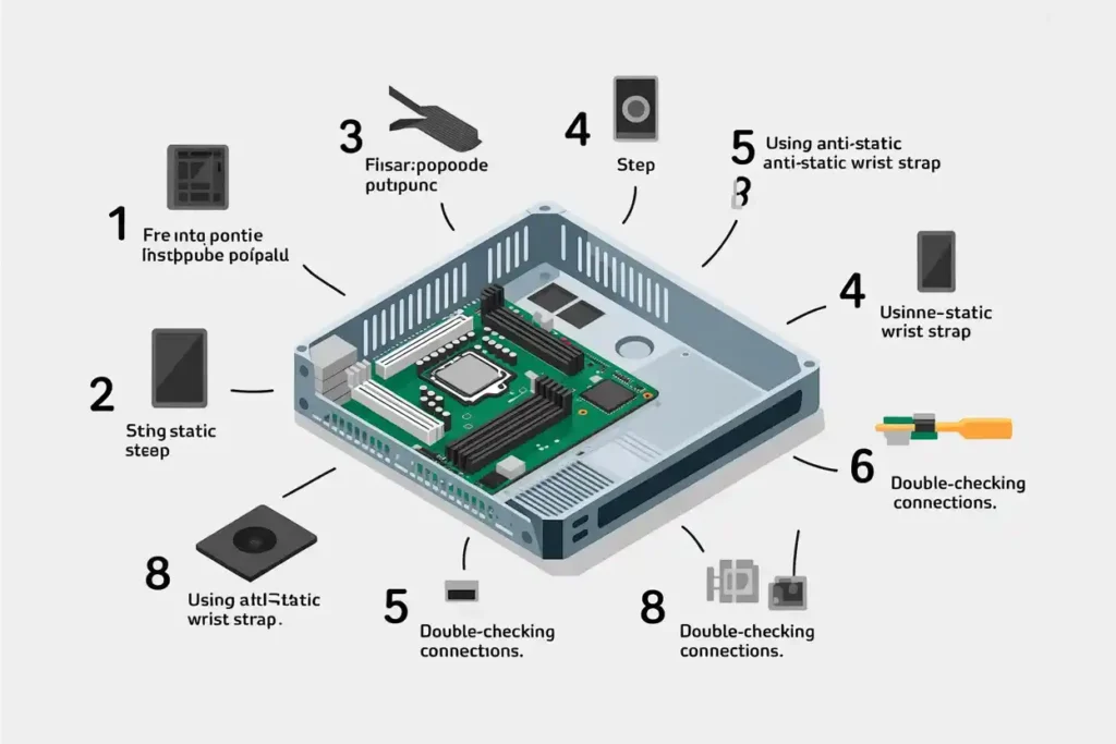 What is a Motherboard in a Computer? - Full Guide 2025! 2 Illustration showing the steps for installing a motherboard inside a computer case, including using anti-static wrist straps, checking connections, and handling components safely.