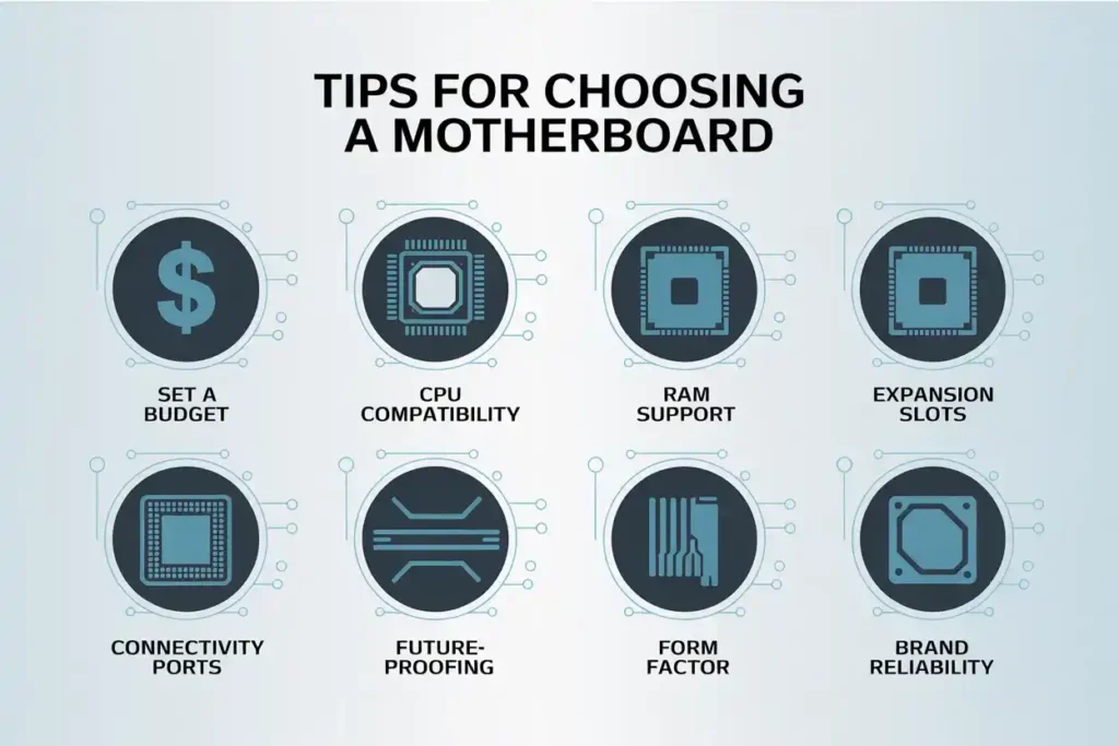 What is a Motherboard in a Computer? - Full Guide 2025! 3 Infographic showing key tips for choosing a motherboard, including setting a budget, checking CPU compatibility, RAM support, expansion slots, connectivity ports, future-proofing, form factor, and brand reliability.