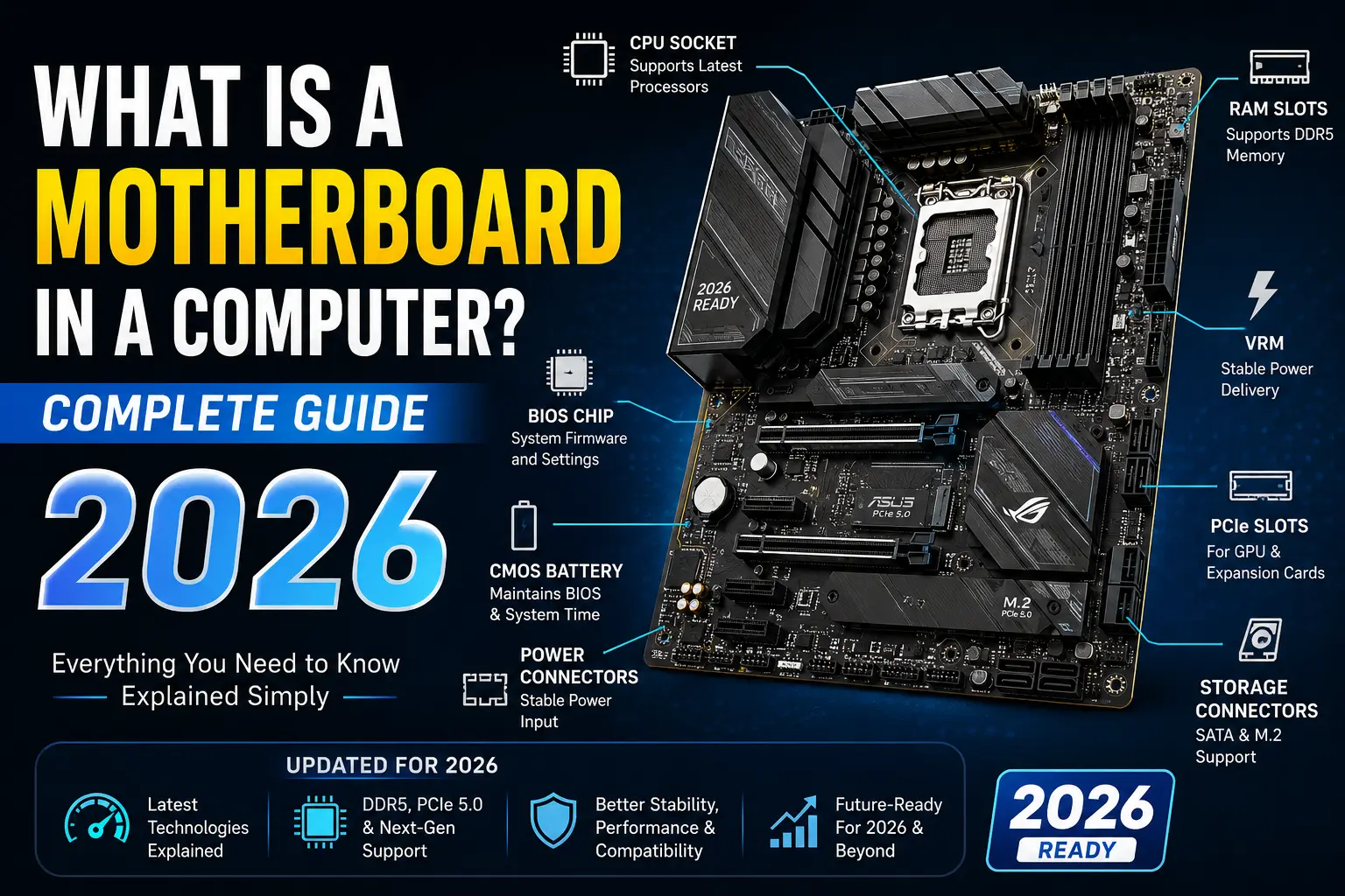 What is a motherboard in a computer? Complete guide showing motherboard components including CPU socket, RAM slots, PCIe slots, VRM, BIOS chip, and storage connectors