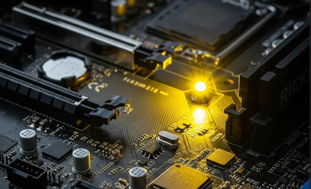 How to Fix a Yellow Light on Motherboard? A Full Guide 2025! 1 Troubleshooting a PC with a bright yellow light on motherboard, highlighting a potential system problem.