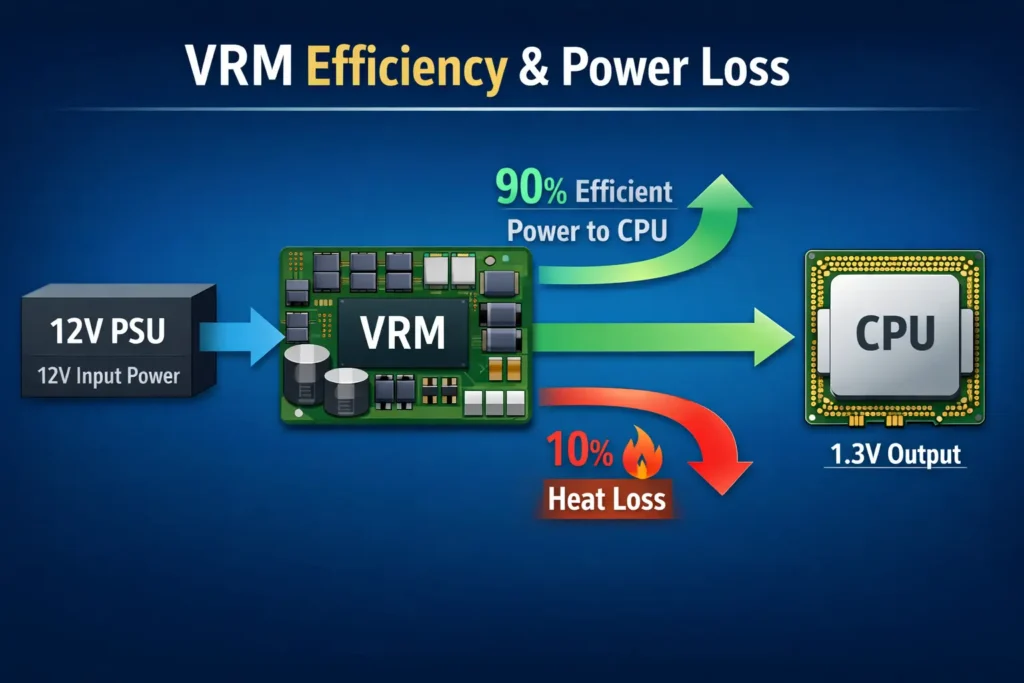 Diagram explaining What Is VRM on a Motherboard: Showing 12V PSU input power conversion to 1.3V CPU voltage with 90% efficiency and 10% heat loss.