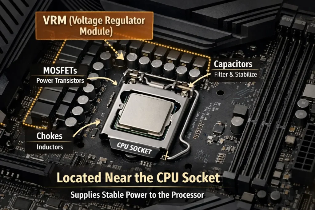 Diagram of a motherboard showing the VRM (Voltage Regulator Module) components near the CPU socket, including MOSFETs, capacitors, and chokes, labeled for educational purposes.