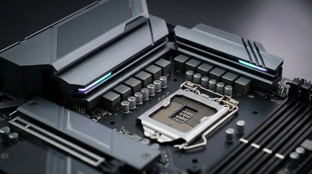 What Is VRM on a Motherboard CPU socket and power delivery heatsinks close up