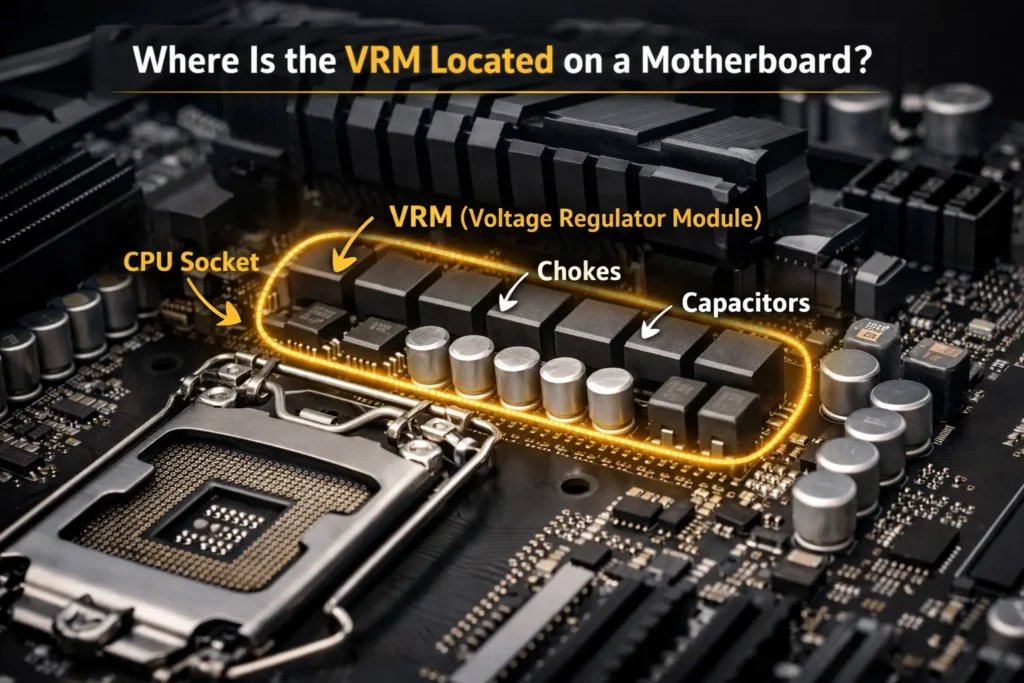 What Is VRM on a Motherboard location diagram showing CPU socket and VRM components