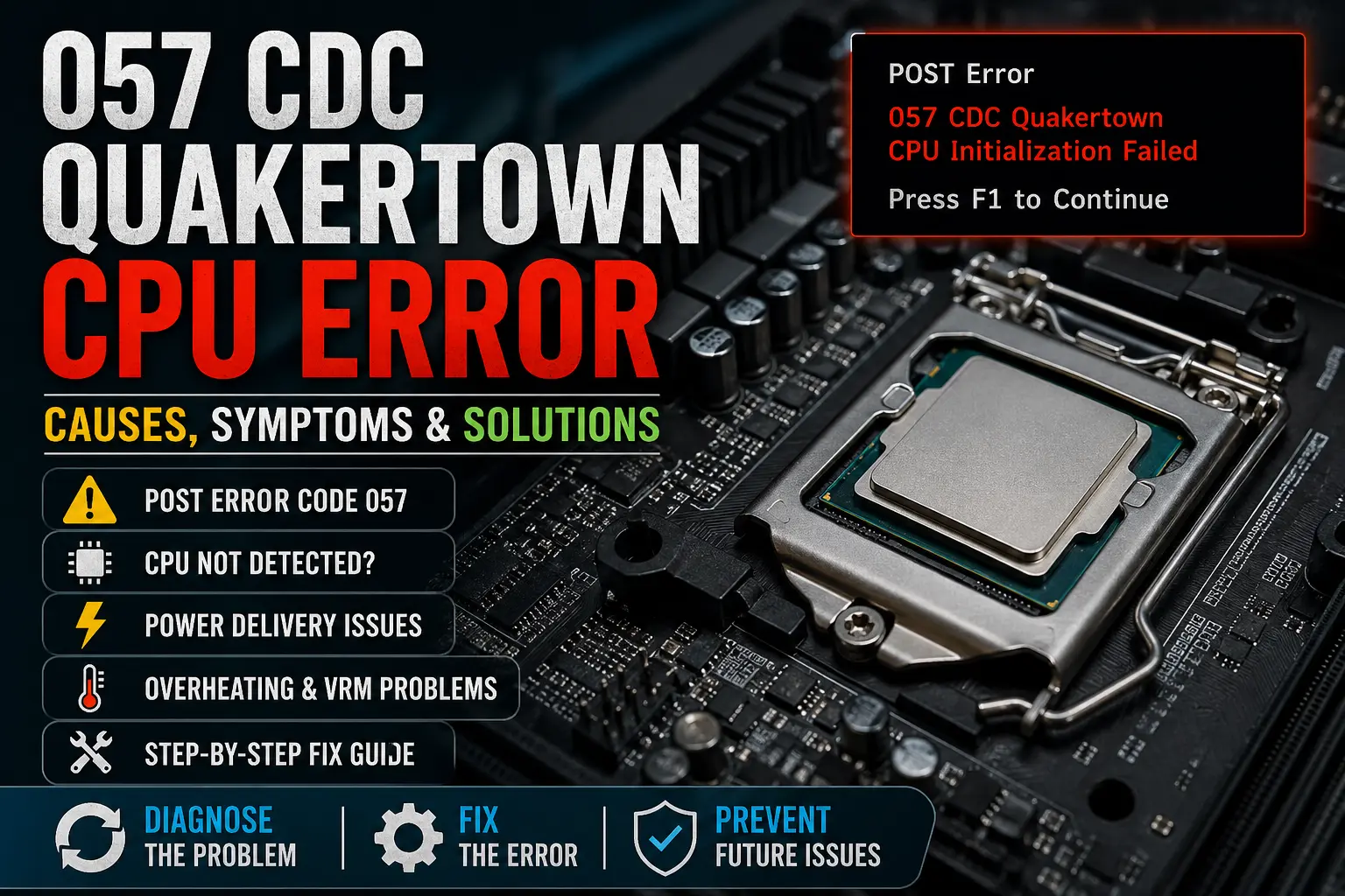 057 CDC Quakertown CPU error troubleshooting guide showing CPU initialization failure, motherboard diagnostic screen, and hardware repair concepts for CPU not detected and POST error issues