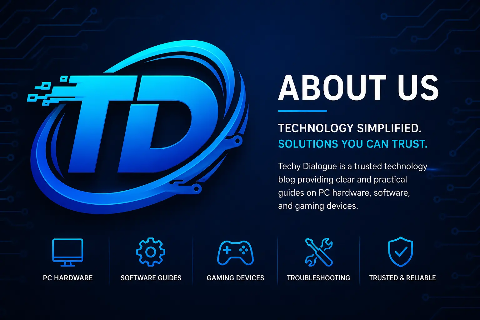 About Us banner for Techy Dialogue technology blog featuring a modern blue tech design, TD logo, and themes of PC hardware, software guides, gaming devices, and troubleshooting