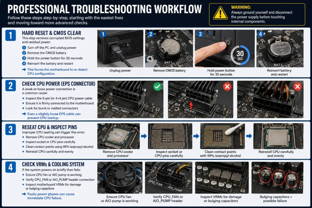 Step-by-step professional troubleshooting workflow infographic showing PC CPU error fixes including CMOS reset, CPU power check, CPU reseating, and VRM cooling inspection.
