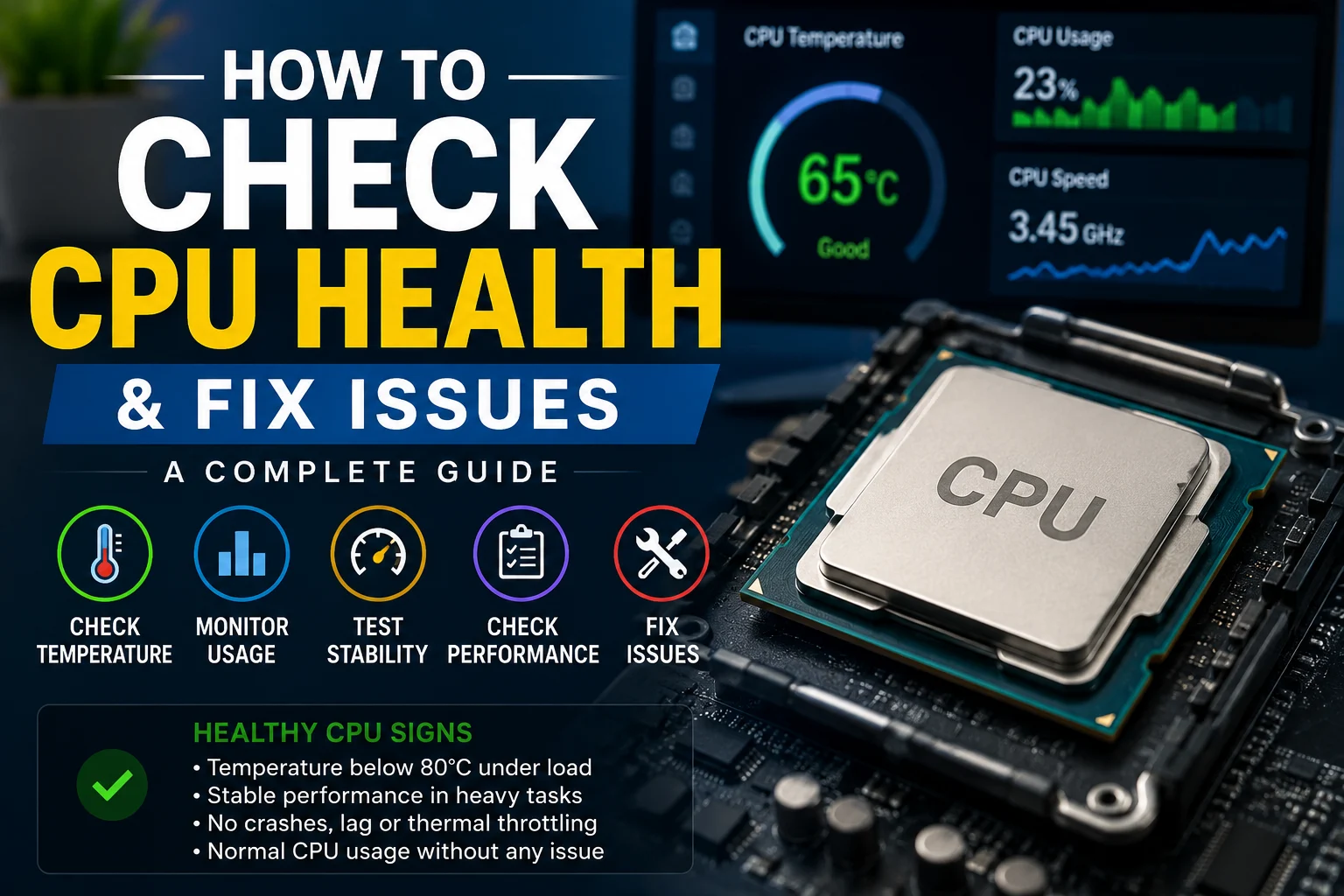 Featured image showing how to check CPU health with CPU temperature, usage, performance monitoring, and system stability indicators