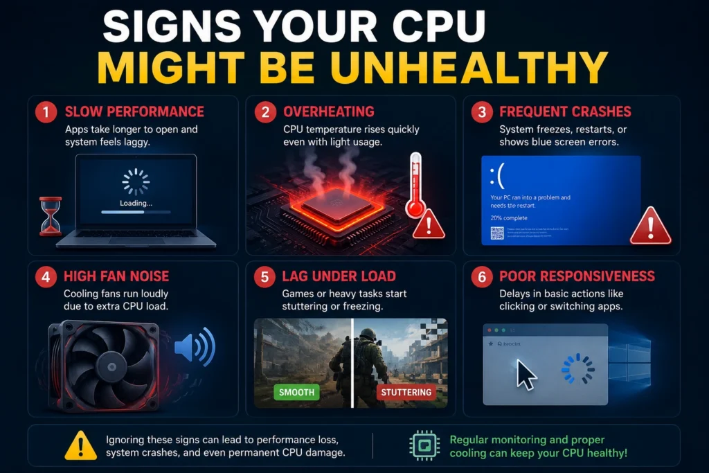 Infographic showing signs your CPU might be unhealthy, including slow performance, overheating, frequent crashes, high fan noise, lag under load, and poor responsiveness.