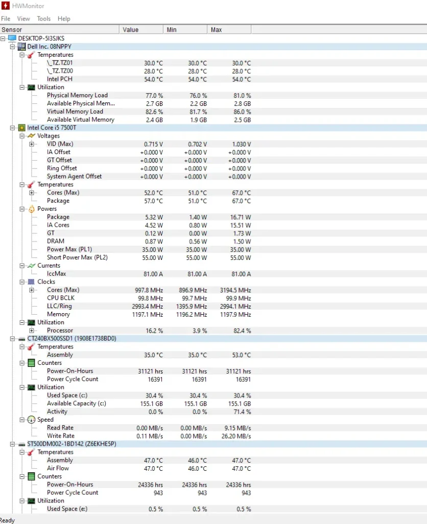 How to Check CPU Health (Complete 2026 Guide for Performance, Temperature & Stability) 3 HWMonitor software dashboard interface displaying Intel Core i5 7500T CPU temperatures voltages and utilization metrics