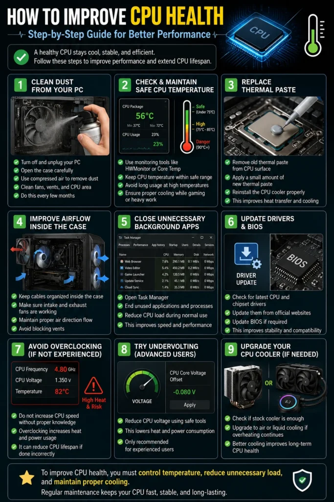 This infographic, titled "how-to-improve-cpu-health-guide.webp," provides nine essential steps to enhance processor longevity, focusing on temperature control, dust cleaning, and thermal paste replacement. It also covers system optimizations like updating BIOS, improving airflow, and managing background apps to ensure a stable and efficient PC.