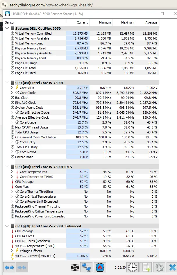 How to Check CPU Health (Complete 2026 Guide for Performance, Temperature & Stability) 4 HWiNFO sensors status dashboard monitoring Intel Core i5 7500T CPU temperatures and core clocks