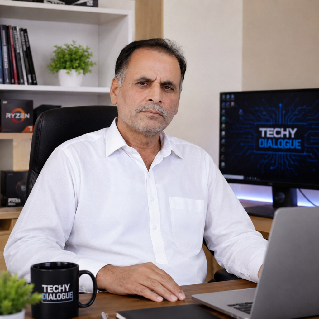 About Us 2 Mian Niamat Ali founder of Techy Dialogue in a professional computer workspace