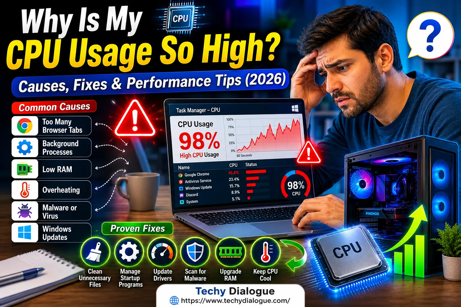High-quality infographic showing why CPU usage is so high in 2026, including causes like background processes, overheating, malware, and fixes such as closing apps, upgrading RAM, and monitoring system performance.