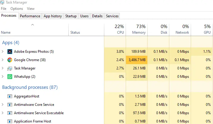 Windows Task Manager interface showing CPU and Memory utilization of active processes like Google Chrome and Adobe Express Photos.