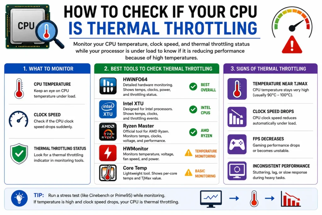 What Is CPU Thermal Throttling? Causes, Symptoms & How to Fix It (2026) 3 What Is CPU Thermal Throttling? Infographic showing how to check CPU thermal throttling using HWiNFO64, Intel XTU, Ryzen Master, HWMonitor, and Core Temp.