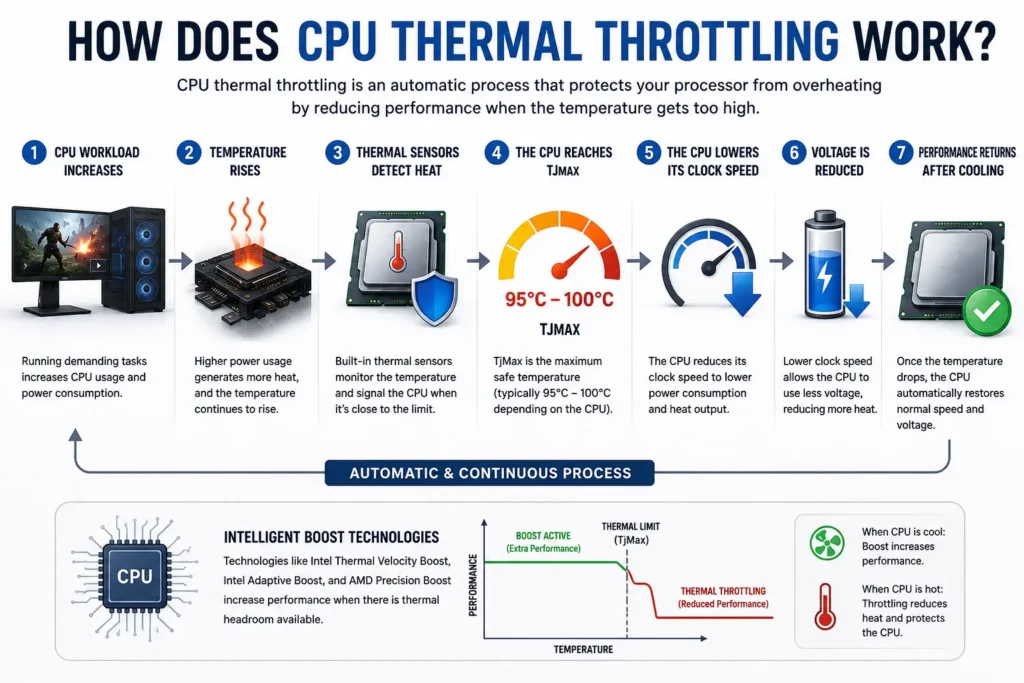 What Is CPU Thermal Throttling? Causes, Symptoms & How to Fix It (2026) 2 What Is CPU Thermal Throttling? Step-by-step infographic showing how rising CPU temperatures trigger thermal sensors, reduce clock speed and voltage, and restore performance after cooling.