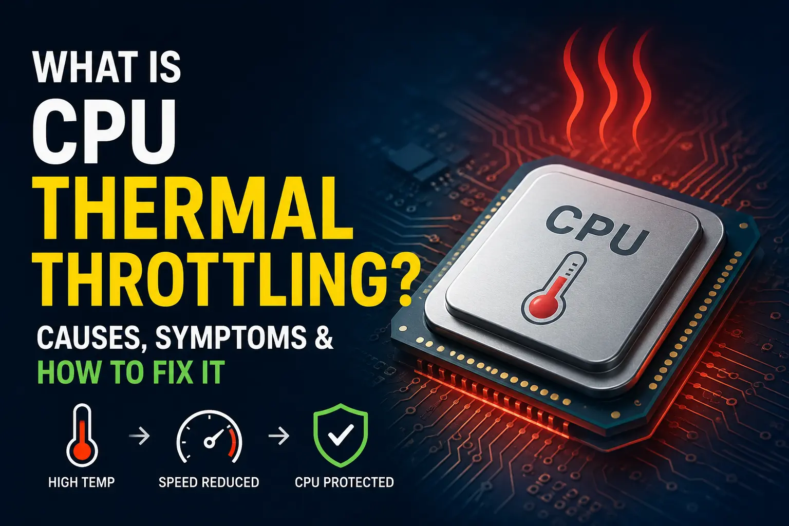 What Is CPU Thermal Throttling? Illustration showing an overheating CPU reducing clock speed to prevent overheating and maintain system stability.