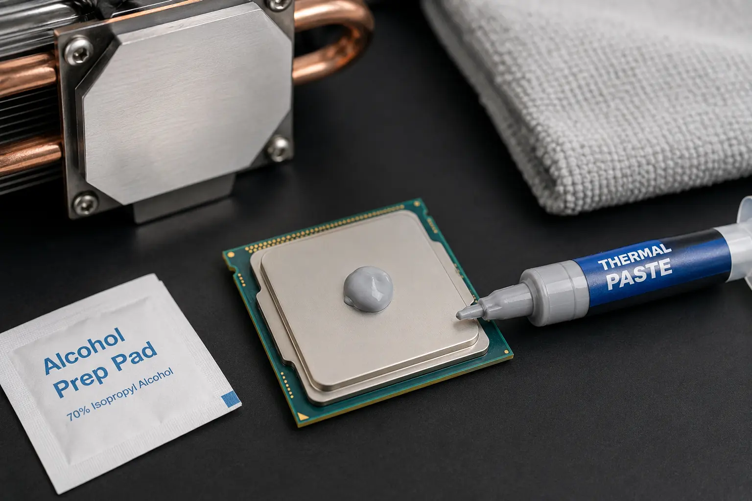 Thermal paste applied to a CPU next to a heatsink and thermal paste syringe, showing how thermal paste improves heat transfer between a processor and its cooler.